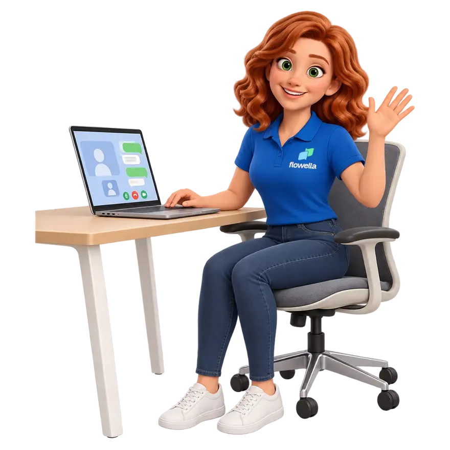 Flo, la mascotte de Flowella, assise à son bureau lors d'un appel vidéo, fait un signe de la main pour dire bonjour