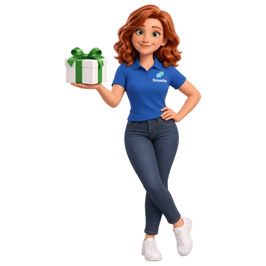 Flo, the Flowella mascot, holding out a white gift box tied with a green ribbon