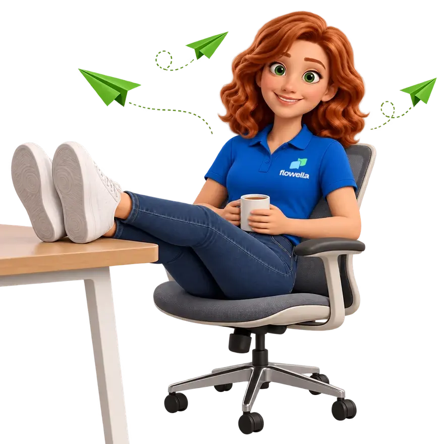 Flo, les pieds posés sur un bureau, une tasse de thé à la main, tandis que des avions en papier virevoltent autour d'elle
