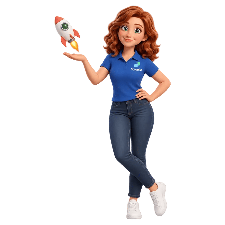Flo, the Flowella mascot, launching a small rocket from the palm of her raised hand